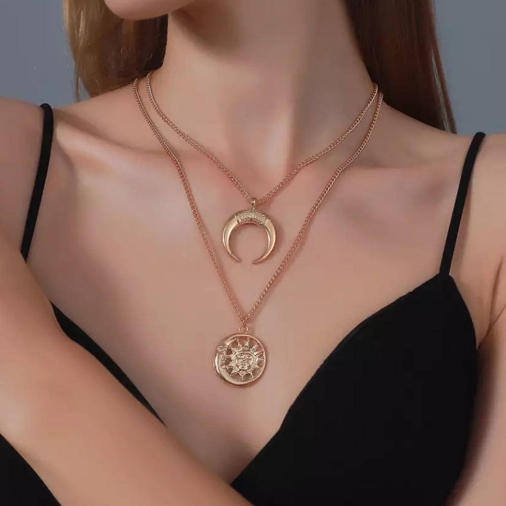 18k Gold Double Layer Sun Moon Pendant Necklace - Picture 2 of 5